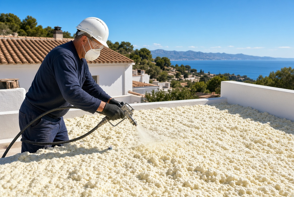 Operario especializado aplicando espuma de poliuretano proyectado en cubierta exterior bajo el sol de Mallorca